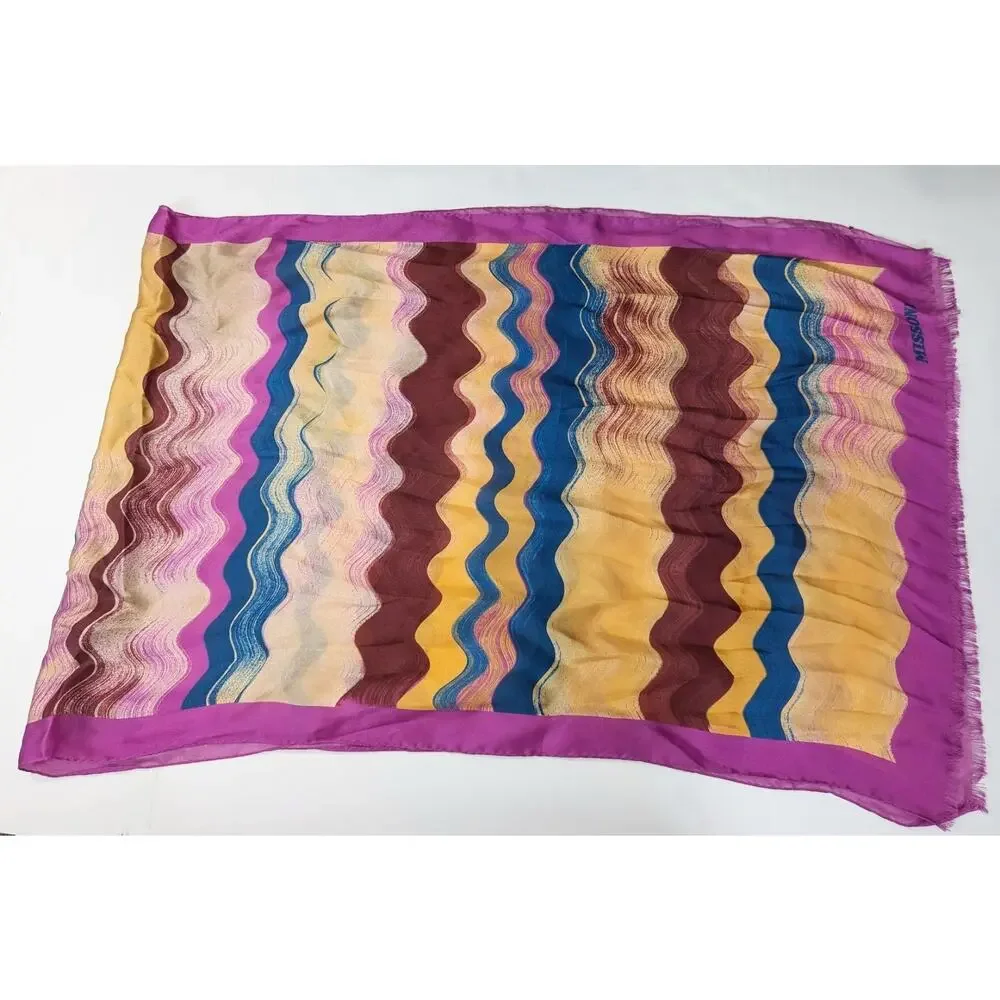 Missoni Foulard Silk Scarf Wrap Purple Waves Print Rectangular 76 x 26